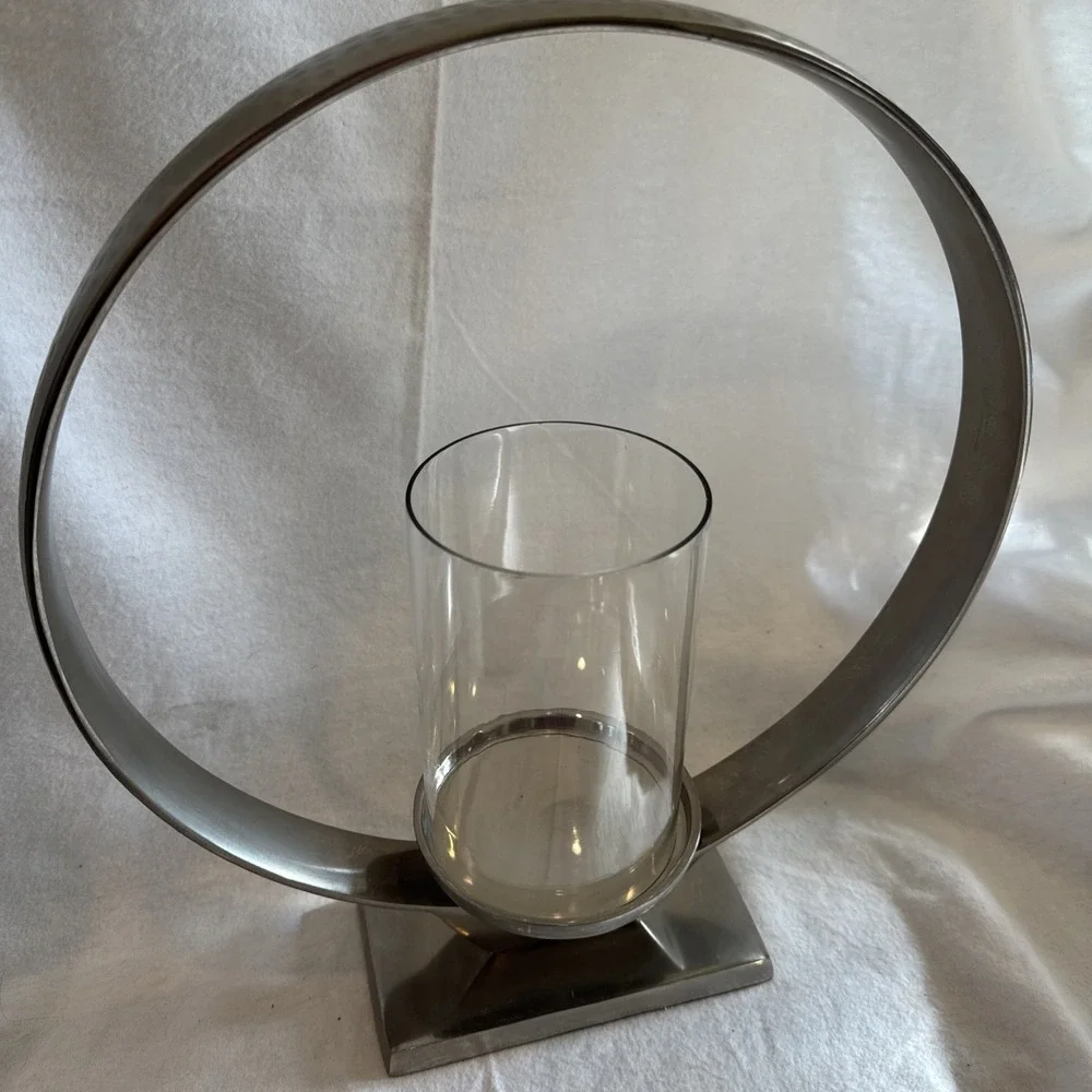 Modern Hammered Silver Halo Ring Candle Holder Sphere Hurricane Glass 15